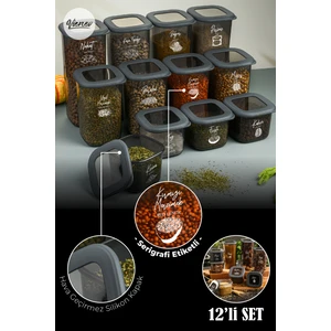 Beyaz Serigrafi Etiketli Kare Erzak Saklama Kabı Seti Antrasit 12'li
