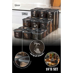 Beyaz Serigrafi Etiketli Kare Erzak Saklama Kabı Seti Antrasit 18'li