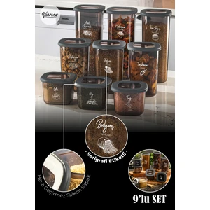 Beyaz Serigrafi Etiketli Kare Erzak Saklama Kabı Seti Antrasit 9'lu