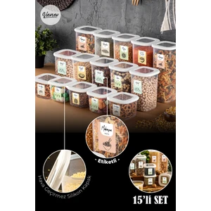 Renkli Etiketli Kare Erzak Saklama Kabı Seti Beyaz 15'li