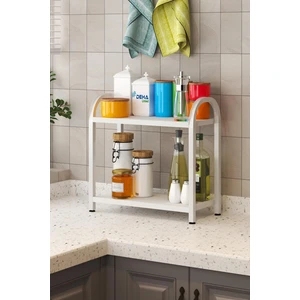 Banyo-Mutfak Toparlayıcı Düzenleyici Organizer 2 Katlı Geniş Metal Beyaz Bambu Tezgah Üstü Raf