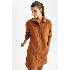 Oversize Fit Gömlek Yaka Süet Uzun Kollu Gömlek V1716AZ22WN