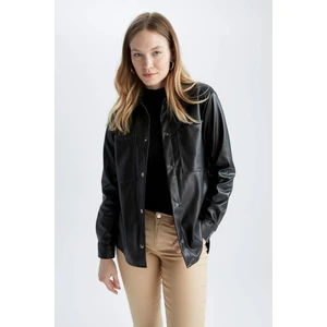 Oversize Fit Gömlek Yaka Suni Deri Uzun Kollu Gömlek V8682AZ22WN