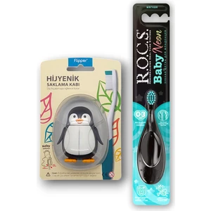 Baby Neon 0-3 Yaş Diş Fırçası Turkuaz ve Flipper Hijyenik Saklama Kabı Seti - Penguen