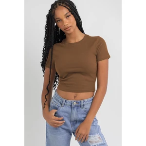 Kahverengi Basic Crop Kadın Tişört MG1772