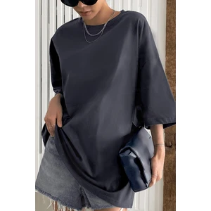 Füme Basic Düz Baskısız Oversize Salas Boyfriend Kadın T-Shirt