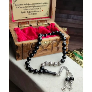 Kişiye Özel İsimli Gürcistan Oltu Taşı Tesbih 925 Ayar Özel Gümüş Tasarımlı Özel Sandık Kutulu