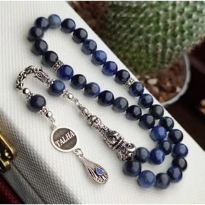 Kişiye Özel İsimli Doğal Sodalit Taşı Tesbih 925 Ayar Özel Gümüş Tasarımlı Özel Deri Kutulu