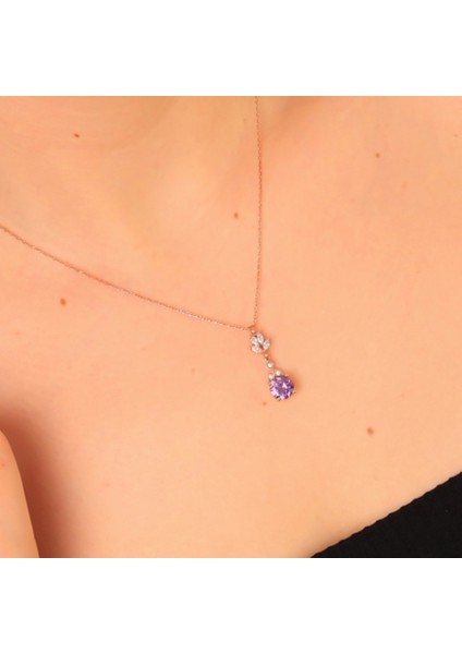 925 Ayar Gümüş Ametist Taşlı Lotus Motif Kolye