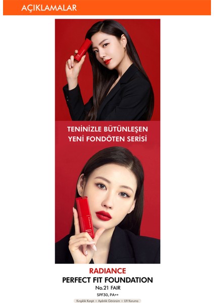 Uzun Süre Kalıcı, Mat Bitişli Fondöten Radiance Perfect Fit Foundation (No.21 Fair) SPF30+/PA+++