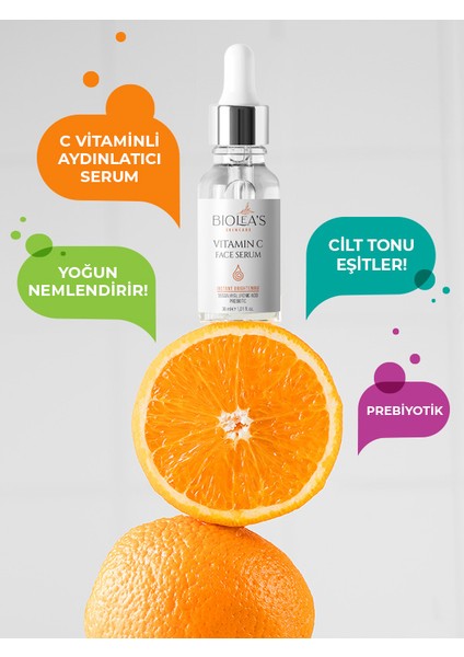 Aydınlatıcı,renk Tonu Eşitleyici Yüz Bakım Serumu C Vitamini+Prebiyotik+Vegan Hyalüronik Asit 30 ml