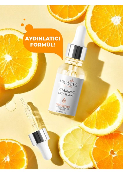 Aydınlatıcı,renk Tonu Eşitleyici Yüz Bakım Serumu C Vitamini+Prebiyotik+Vegan Hyalüronik Asit 30 ml