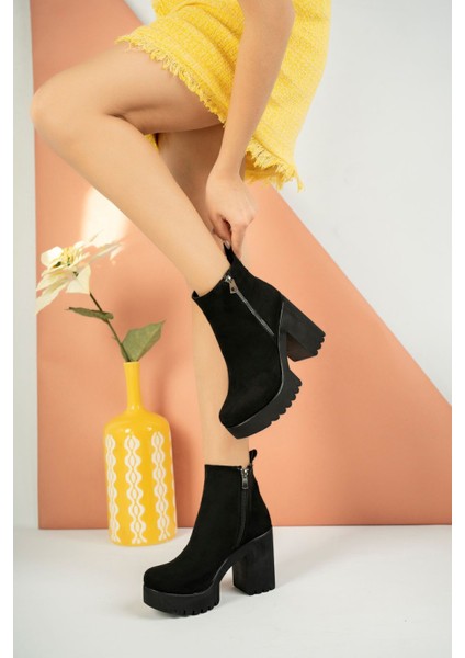 Platform Fermuar Detaylı Siyah Süet Kadın Bot