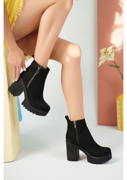 Platform Fermuar Detaylı Siyah Süet Kadın Bot fiyatları