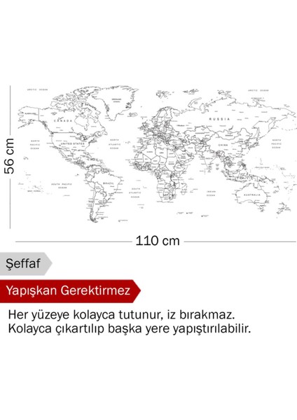 Pi Papers Dünya Haritası - Yapışkansız Tutunan Not Belge Fotoğraf Kağıt Tutucu Özellikli Statik Akıllı Kağıt