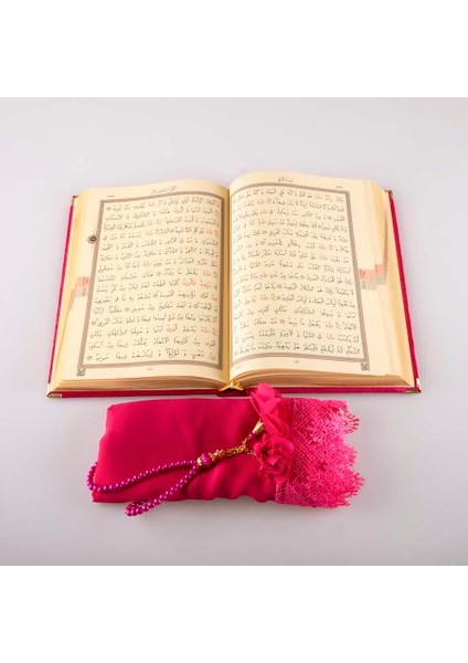 Şal + Tesbih + Kuran Hediye Seti (Çanta Boy, Kadife, Fuşya Pembe) modelleri