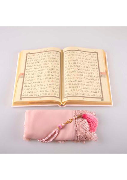 Şal + Tesbih + Kuran Hediye Seti (Çanta Boy, Toz Pembe)