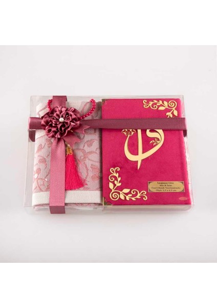 Seccade + Tesbih + Kuran Hediye Seti (Çanta Boy, Kadife, Fuşya Pembe)