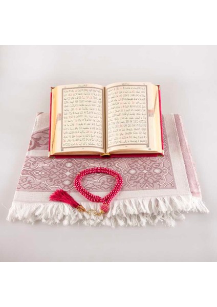 Seccade + Tesbih + Kuran Hediye Seti (Çanta Boy, Kadife, Fuşya Pembe) modelleri