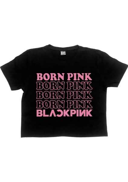 Pembe Doğan Blackpink Siyah Kısa, Kesik Crop Top Kadın Tişört