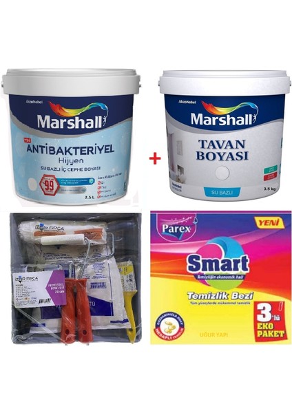 Antibakteriyel Hijyen Silinebilir Duvar Boyası 2.5 Lt + Marshall Tavan Boyası 3.5 kg + Izmir Fırça Duvar Boyama Seti