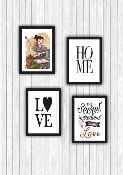 4 Parça Mutfak Ev Dekarasyon Çerçeve Görünümlü Ahşap Arkası Yapışkanlı Mdf Tablo Çoklu Set Retro Ahşap Poster