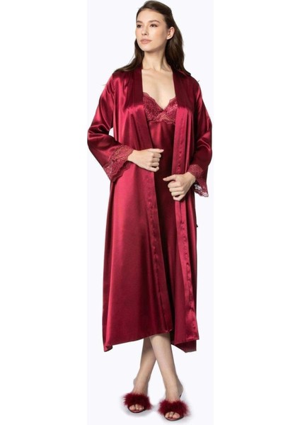 Kadın Saten Dantelli Gecelik & Sabahlık Takım - 4370 Bordo fiyatları