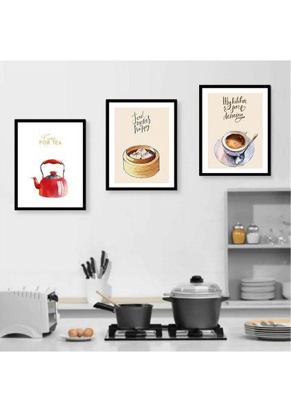 Siyah Çerçeve Görünümlü Çay Kahve Yemek Mutfak Tablosu Retro Ahşap Poster