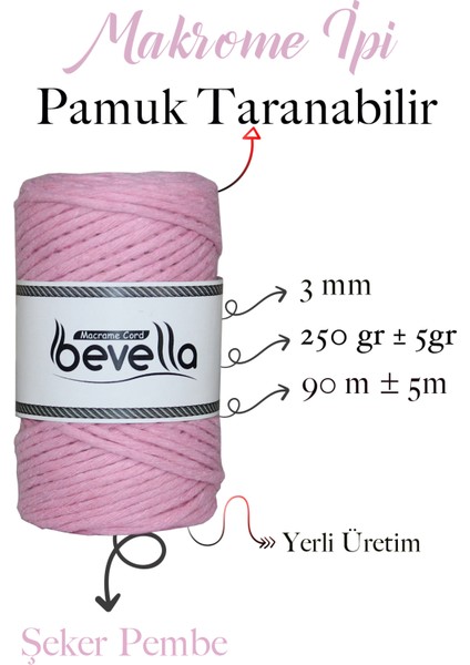 Taranan Makrome Ipi 3mm Tek Büküm Taranabilir Pamuk Makrome Ipi Şeker Pembe
