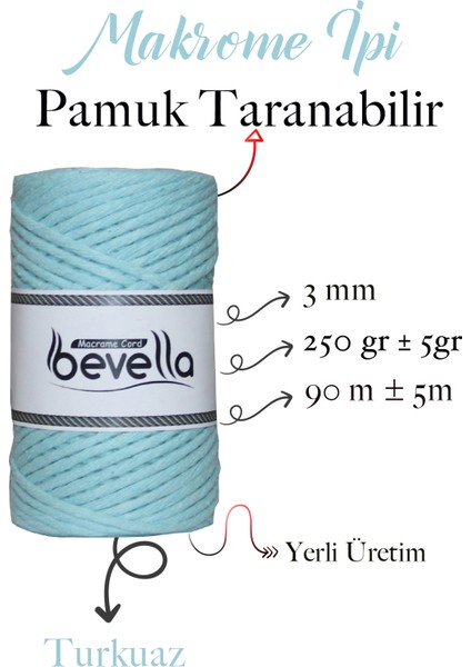 Taranan Makrome Ipi 3mm Tek Büküm Taranabilir Pamuk Makrome Ipi Turkuaz