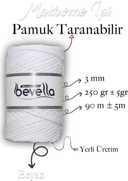 Taranan Makrome Ipi 3mm Taranabilir Pamuk Tek Büküm Makrome Ipi Beyaz Optik