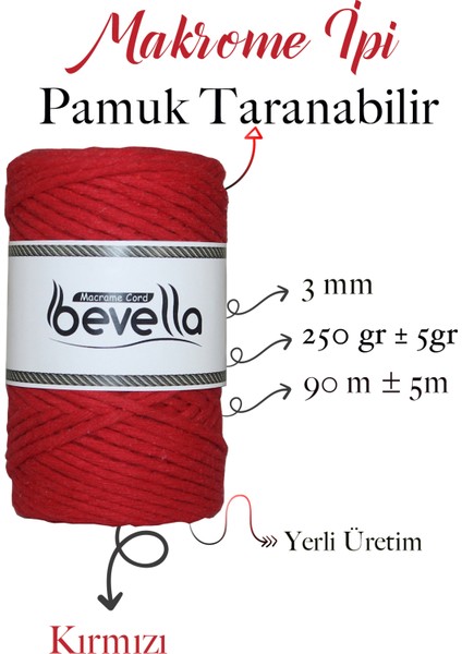 Taranan Makrome Ipi 3mm Taranabilir Pamuk Tek Büküm Makrome Ipi Kırmızı