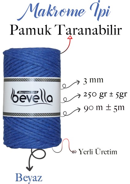 Taranan Makrome Ipi 3mm Taranabilir Pamuk Tek Büküm Makrome Ipi Saks Mavisi