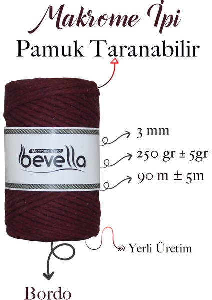 Taranan Makrome Ipi 3mm Taranabilir Pamuk Tek Büküm Makrome Ipi Bordo