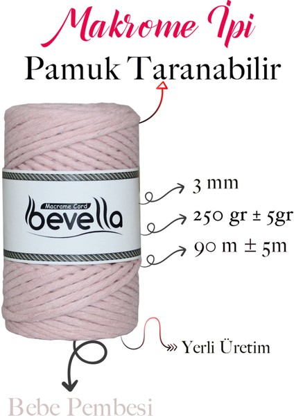 Taranan Makrome Ipi 3mm Taranabilir Pamuk Tek Büküm Makrome Ipi Bebe Pembesi Pudra