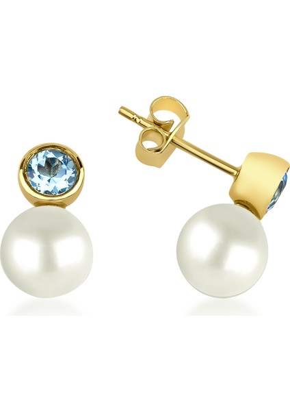 14 Ayar Altın Drop İnci & Blue Topaz Çivili Küpe KRS-K32-14GE.
