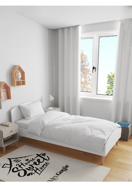 Tek Kişilik Saten Çizgili Beyaz Nevresim Takımı