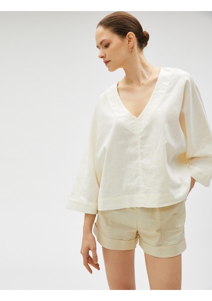 Oversize Bluz Keten Karışımlı V Yaka