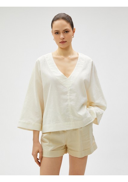 Oversize Bluz Keten Karışımlı V Yaka modelleri