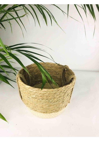 Altı Krem Şeritli Doğal Hasır Sepet 2 No fırsatları