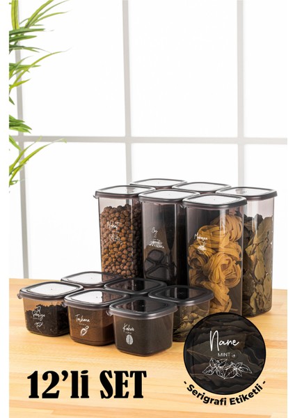 Beyaz Serigrafi Etiketli 12LI Peggy Kare Erzak Saklama Kabı 6x(0,55 Litre, 1,75 Litre) Antrasit