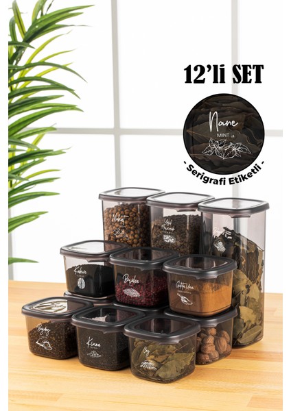 Beyaz Serigrafi Etiketli 12LI Peggy Kare Erzak Saklama Kabı 9x(0,55 Litre) - 3x(1,75 Litre) Antrasit