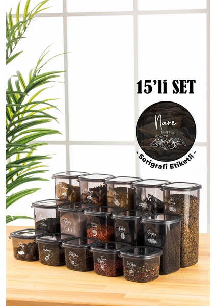 Beyaz Serigrafi Etiketli 15LI Peggy Kare Erzak Saklama Kabı 5x(0,55 Litre, 1,2 Litre, 1,75 Litre) Antrasit