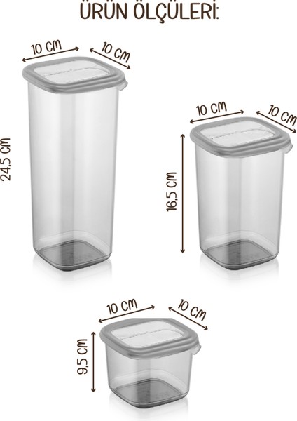 Beyaz Serigrafi Etiketli 15LI Peggy Kare Erzak Saklama Kabı 5x(0,55 Litre, 1,2 Litre, 1,75 Litre) Antrasit