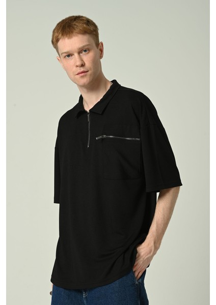 Erkek Polo Yaka Tek Cepli Oversize Kısa Kollu T-Shirt