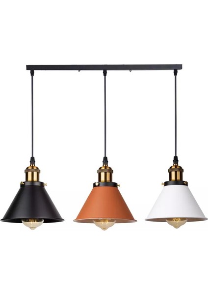 Retro Masa Üstü 3 Lü Bakır Siyah Beyaz Rustik Metal Sarkıt Avize 60 cm
