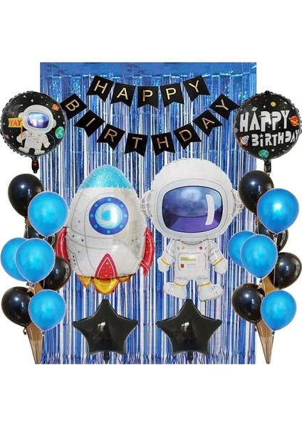 Doğum Günü Partisi Süslemeleri Set Astronot Roket Balon Seti Mavi