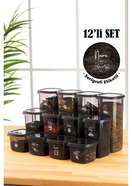 Beyaz Serigrafi Etiketli 12LI Peggy Kare Erzak Saklama Kabı 4x(0,55 Litre, 1,2 Litre, 1,75 Litre) Antrasit