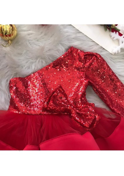 Kırmızı Pul Payetli Kız Çocuk Gece Elbisesi modelleri