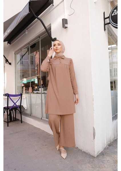 Yaka Detaylı Bürümcük Tunik Pantolon Takım BRC24M02 Latte